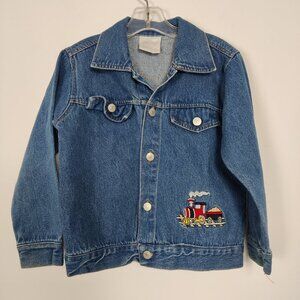 ICZ Boys Jean Jacket Size 4T Blue Denim 100% Cotton Embroidery Red Train Casual